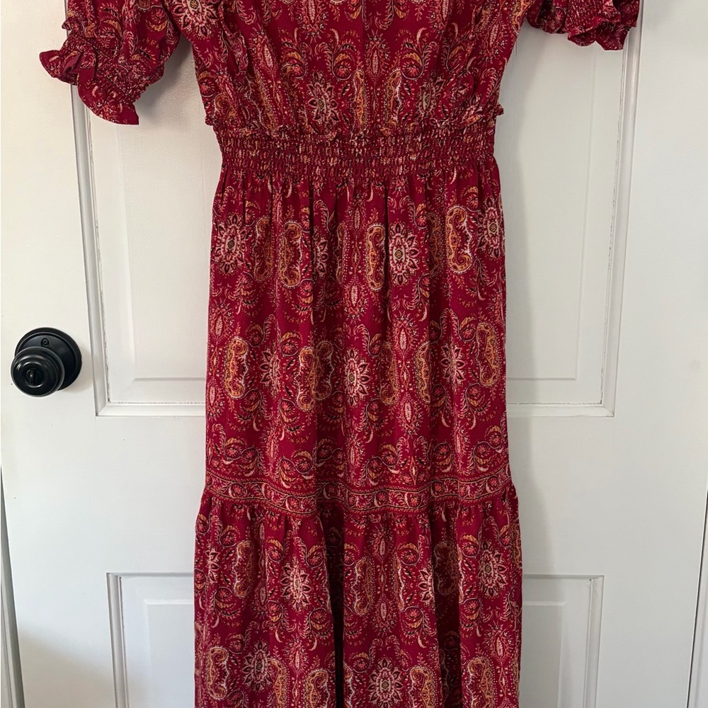Red Paisley Maxi Dress women’s small V Neck tiered unlined ruffle smocked waist - Picture 6 of 8